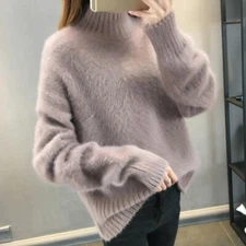 Women Fuzzy High Neck Mohair Sweater Top Casual Jumper Thick Tops Winter Warmer 