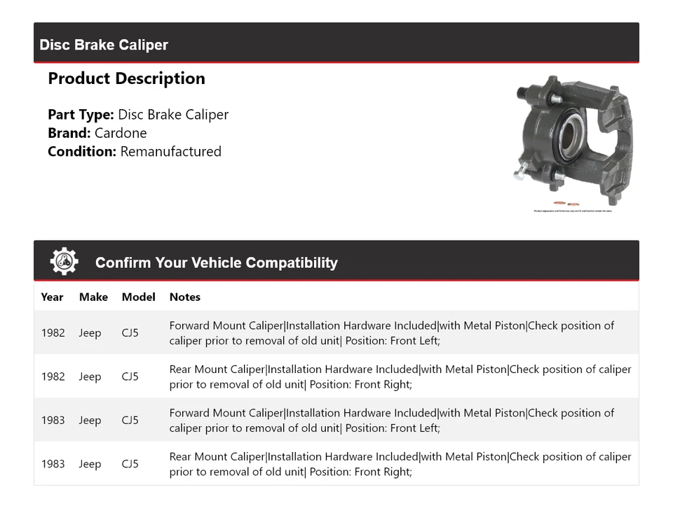 Pinza de freno de disco Cardone para Jeep CJ5 1982-1983 Foto 2 de 4
