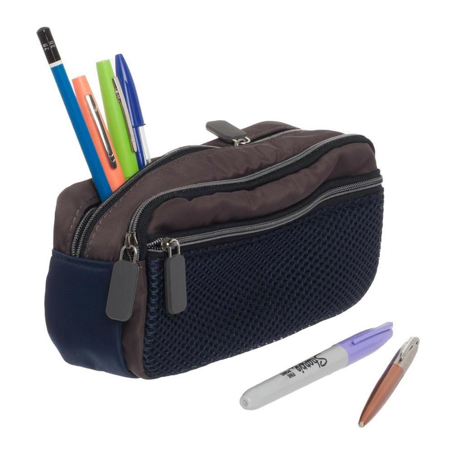 WHSmith Navy Blue & Black Triple Zip Pencil Case Mesh Texture 3