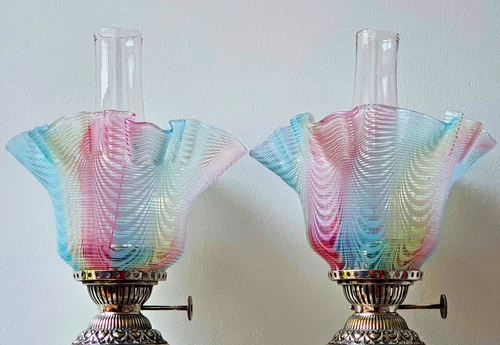 2 Miniature Victorian Hinks Bijou Nailsea Glass Kerosene Oil Lamp Shade Shades - Picture 2 of 9