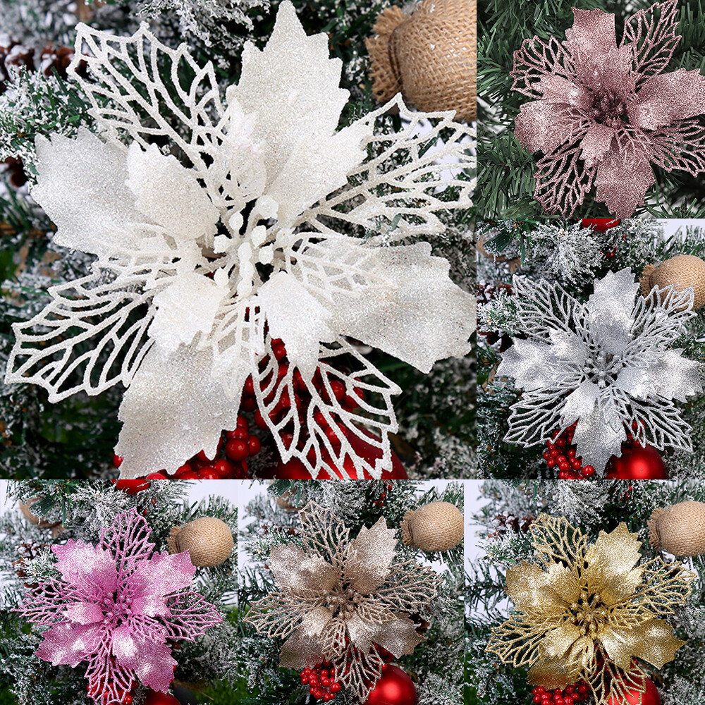 10X Large Poinsettia Glitter Flower Christmas Tree Hanging Party Xmas Decor UK eBay