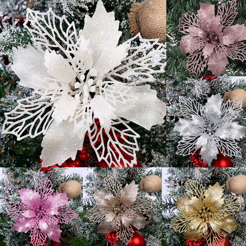 10X Large Poinsettia Glitter Flower Christmas Tree Hanging Party Xmas