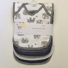 NEW Burt  s Bees 5 Lap Shoulder Bibs Organic Cotton Gray Elephants Theme, Solid