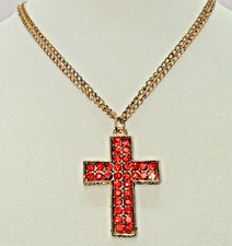 Gold Tone Red Rhinestone Encrusted Cross Pendant Necklace Faith Fashion Jewelry