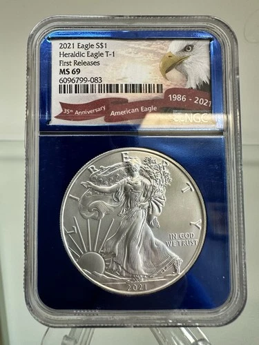2021 (W) $1 Type 1 American Silver Eagle NGC MS69 Blue Core First Releases