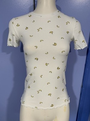 Ckh Clockhouse Banana print Top, Size XS, Cream / Ivory, Ribbed, Ruffle Edge