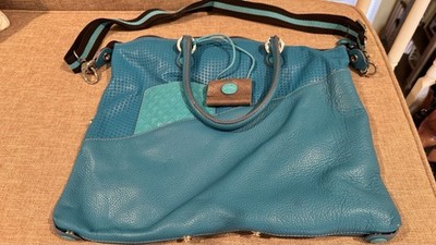 Gabs Gabrielli Aqua Teal Leather Canvas Patchwork Shoulder Bag Flower Studs