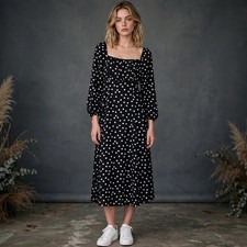 Design Maternity Black White Polka Dot Midi Dress Long Puff Sleeve UK 14