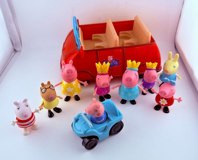 Peppa Pig Family Figure Lot w/ Red Talking Car & Blue Ride-On Vehicle