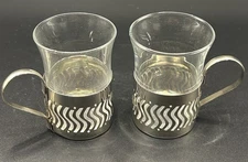 3"Vintage Silverplate Espresso Cups Set of 2 Demitasse Glass Geometric Pattern