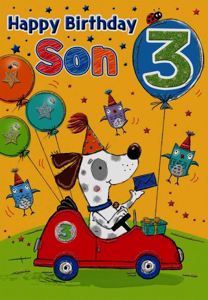 Age 3 Son Spotty Dog In Car Happy Birthday Card. 23x15cm