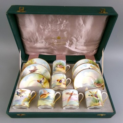 Minton Spiel Vögel Kaffeeservice. Handbemalt, signiert. 6 x Tassen/Dosen & Untertassen. Vintage