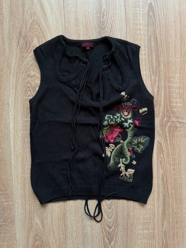Vintage Kenzo Embroidered Floral Knit Vest Black Y2K Lace Up Sleeveless Top