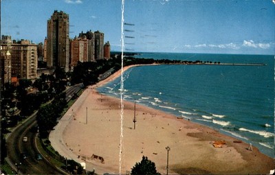 Chicago Gold Coast Lake Michigan Beach Skyline 1956 Vintage Chrome Postcard