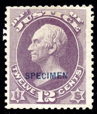 US O30S 12c Justice Dept. 1875 Special Printing SPECIMEN overprint PSAG cert