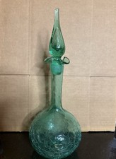 VTG BLENKO Hand Blown Art Glass Sea Green Crackle Glass Decanter Bottle/Stopper