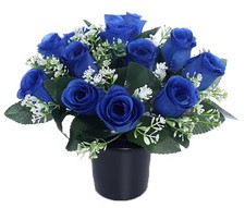 Cemetery Pot with Artificial Rosebud Flowers - Royal Blue