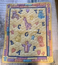 Vtg Handmade Baby Quilt 44x34 Hand Stitched Applique Animals Alphabet Patchwork