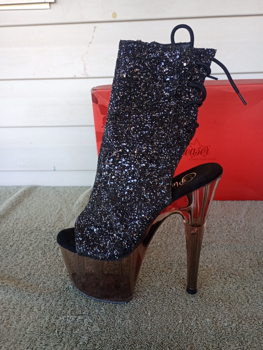 Black Glitter Smoke Tinted 7" Open Toe/Heel Lace Up Ankle Boot size 7 View 5