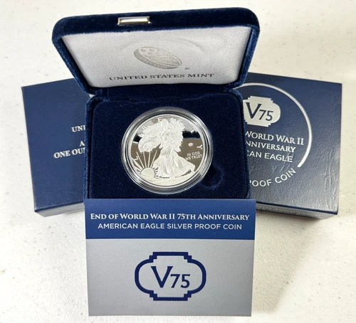 2020-W Proof American Silver Eagle Coin V75 Privy End of WWII - U.S. OGP W/COA