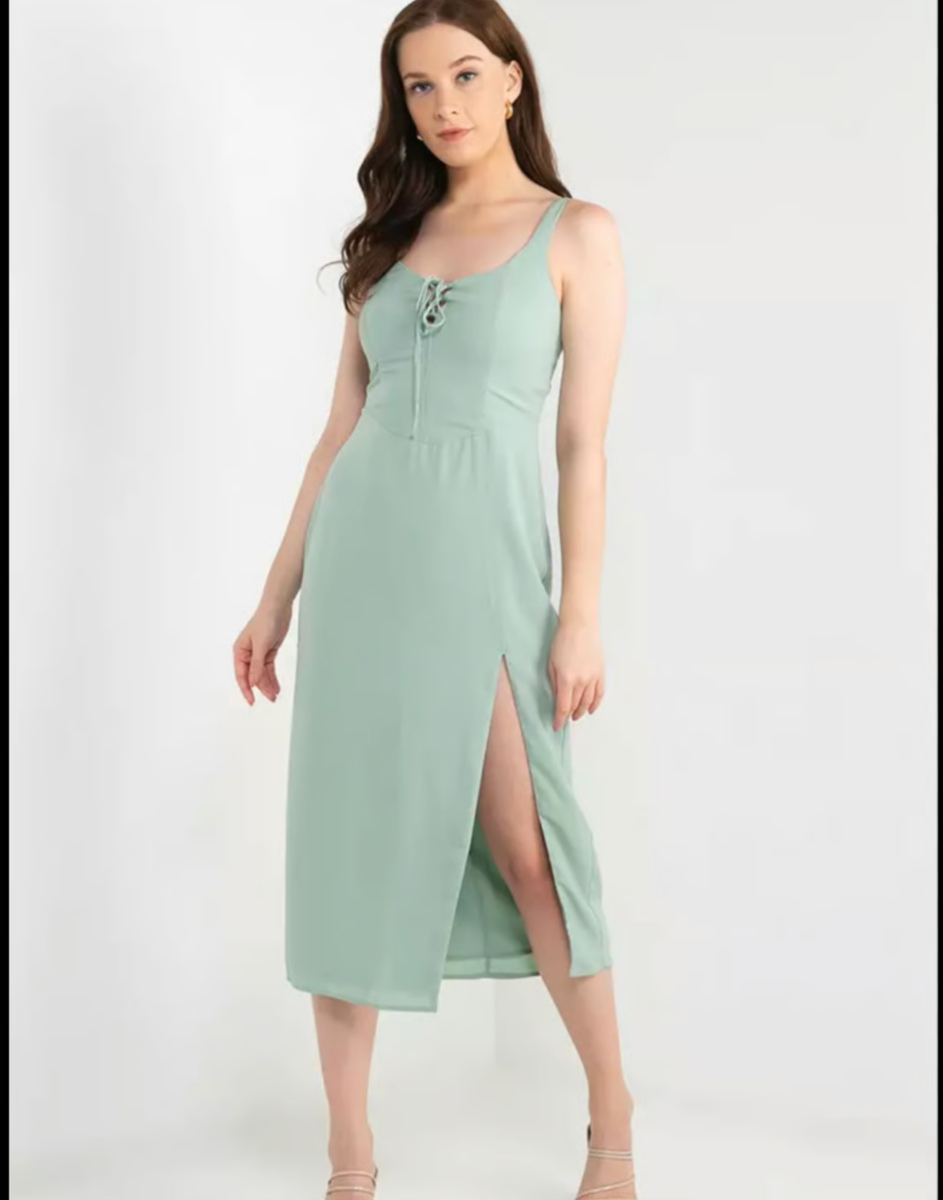 Abercrombie & Fitch A&F Corset Lace-Up Midi Dress Large Sage Green Side Slit NWT Abercrombie & Fitch A&F Corset Lace-Up Midi Dress Large Sage Green Side Slit NWT