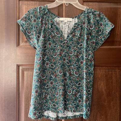 Loft XXSP Floral Mixed Media Flutter Sleeve Blouse In Green. Perfect Condition