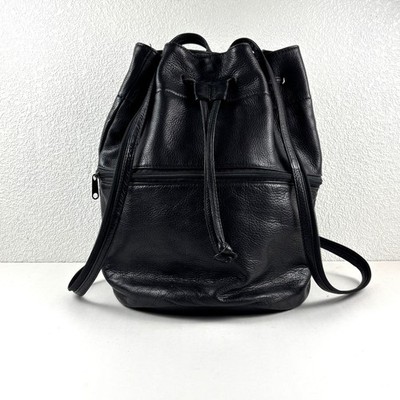 Pelle Leather Bucket Backpack Women Black Drawstring Pebbled Bag Boho Festival
