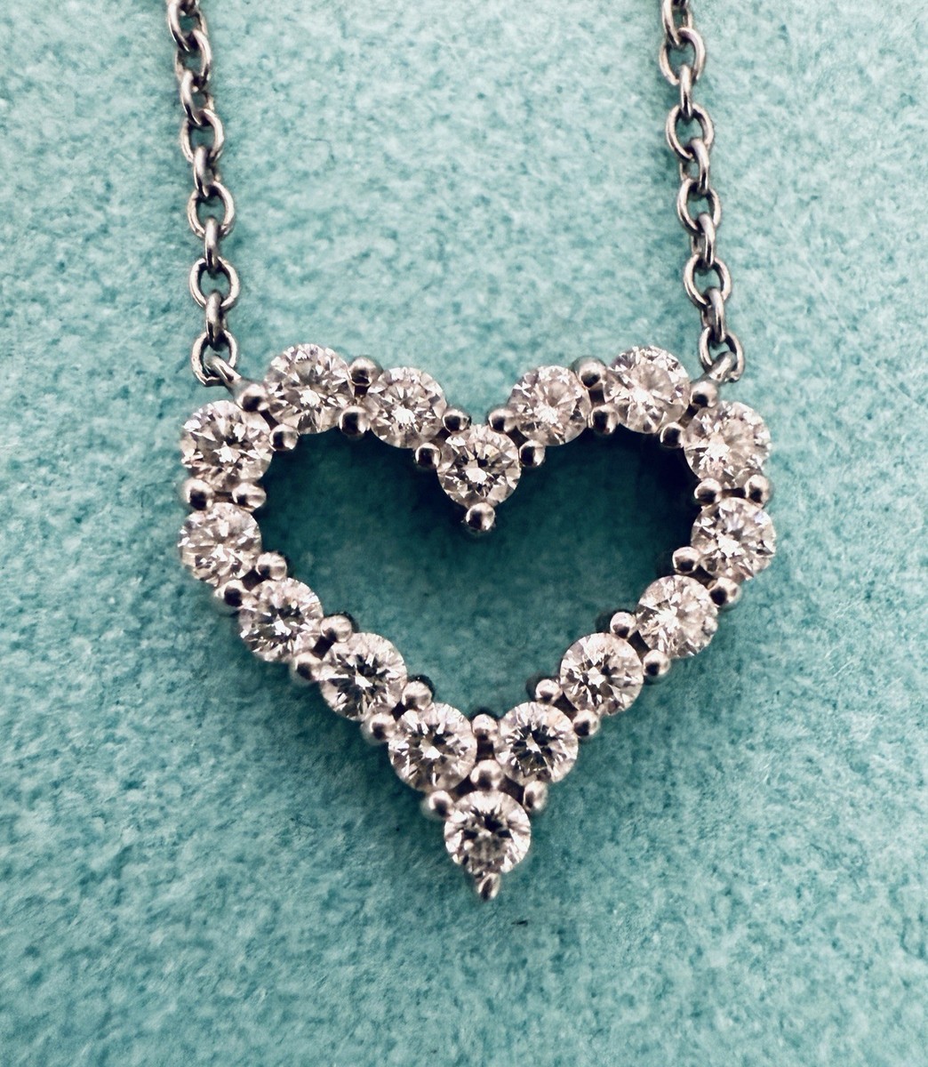 Tiffany Platinum Open Heart Diamond Pendant Necklace 16”