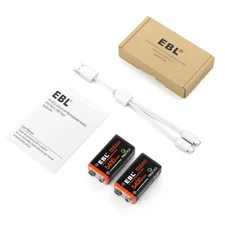 9 Volt Li-ion USB Rechargeable Batteries 5400mWh Lithium Ion w/ charging cable