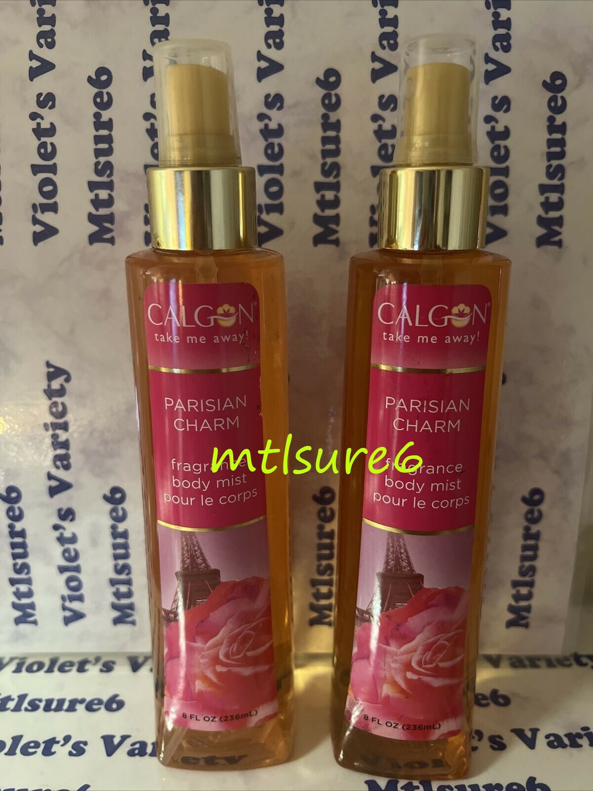 2 Calgon Parisian Charm Fragrance Body Mist Spray 8 oz Each FULL NEW WITH CAP!