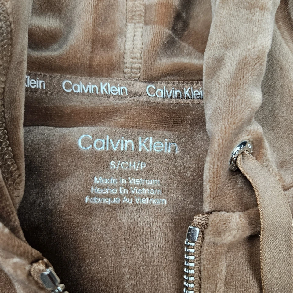 Calvin Klein Hoodie Women's Small Brown Full Zip Spellout Velvet Velour Soft - Image 3 of 4