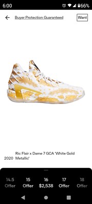 Size 16 - adidas Ric Flair x Dame 7 GCA White Gold Metallic