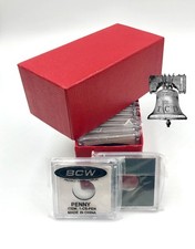 15 BCW Coin Holder 2x2 Snap Capsule & Red Single Row Storage Box 4.5x2x2 Case 