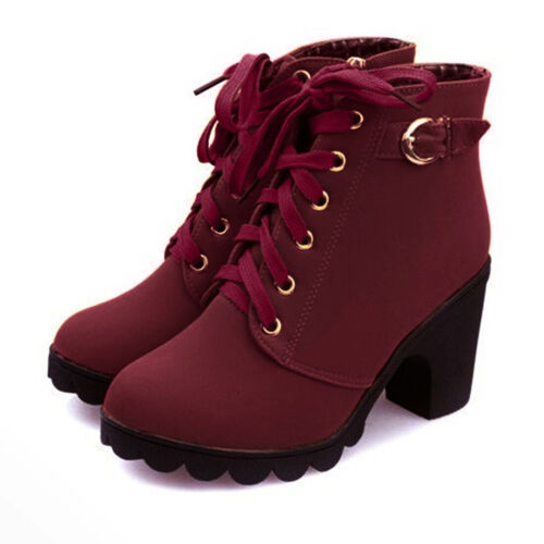 Women Ankle Boots Winter Zipper Short Boots Block High Heels Lace Up
