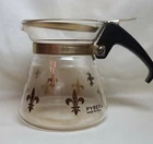 Pyrex Glass 4” Coffee Pot Gold Fleur de Lis Removable Lid Mid-Century Vintage
