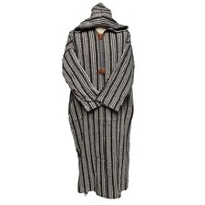 Moroccan Brown Beige 3-Quarter Length Striped Wool Blend Hooded Thobe Djellaba