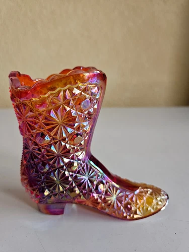 Vintage Fenton Amberina Orange burnt Shoe Booty Daisy & Button Art Glass Stamped