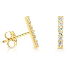 14K Real Solid Gold CZ Bar Stud Earrings Horizontal Small CZ Line Stick Studs