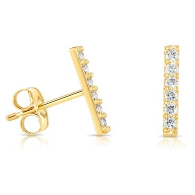 14K Real Solid Gold CZ Bar Stud Earrings Horizontal Small CZ Line Stick Studs
