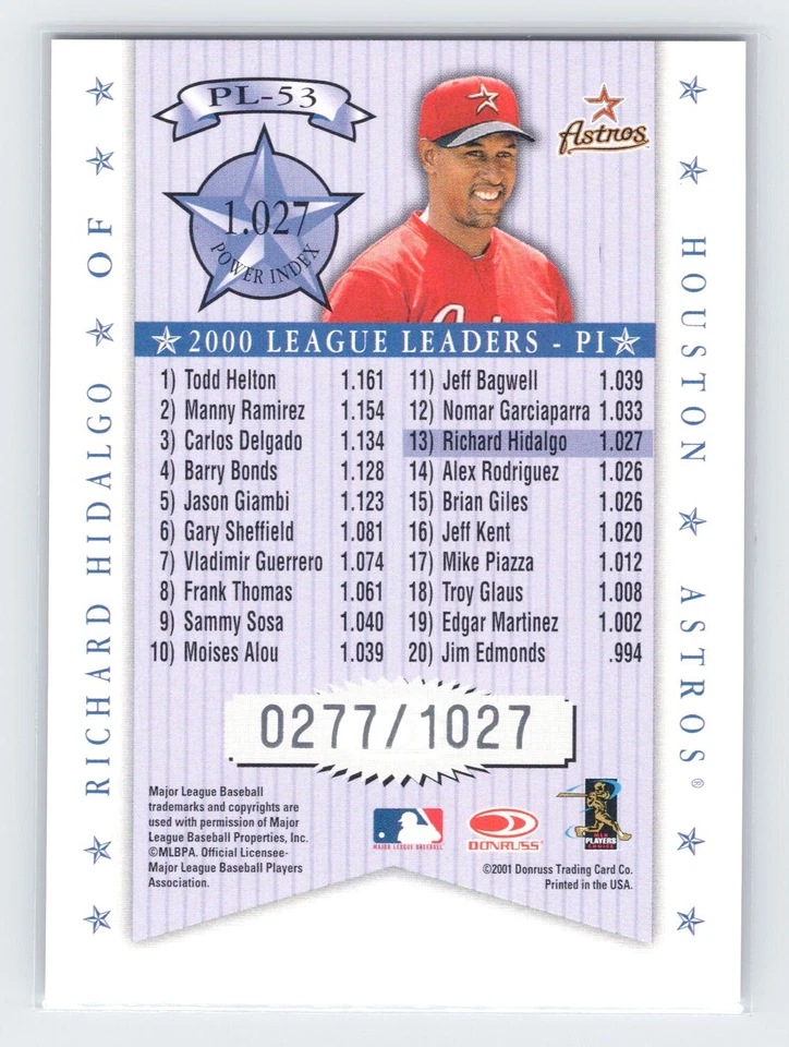 2001 Donruss #PL-53 Richard Hidalgo Production Line #/1027 - Image 2 of 2