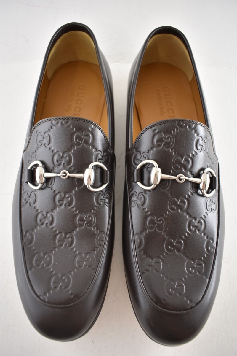 Gucci Mens Cocoa Brown Monogram Logo Leather Horsebit Loafer Flat