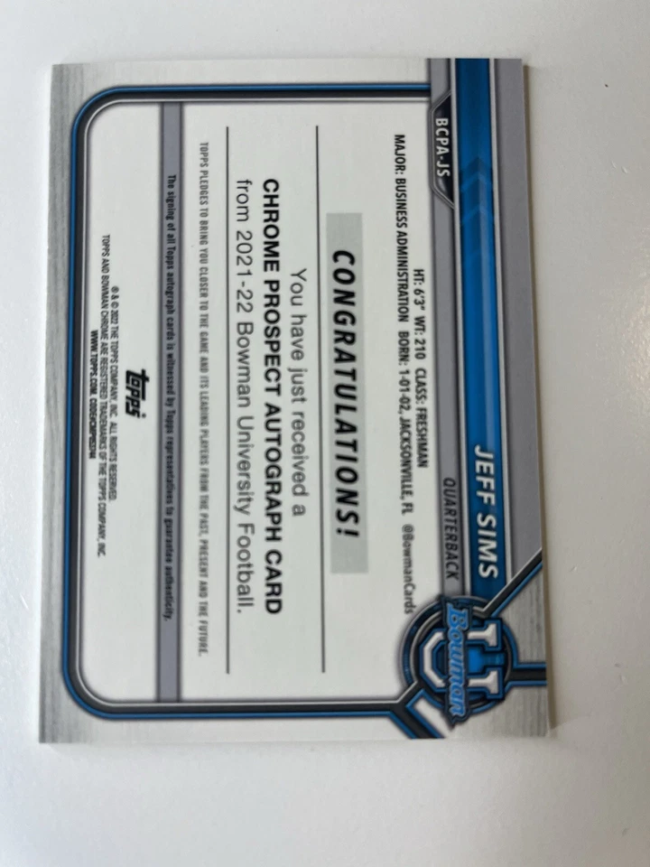 Bowman Chrome U University Jeff Sims 1st Auto Yellow /75 Perfect Serial ASU QB1 - Image 2 of 3