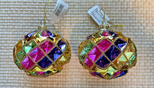 2 Faceted Blown glass ball ornaments, multicolor w/gold glitter 4" Tall NWT