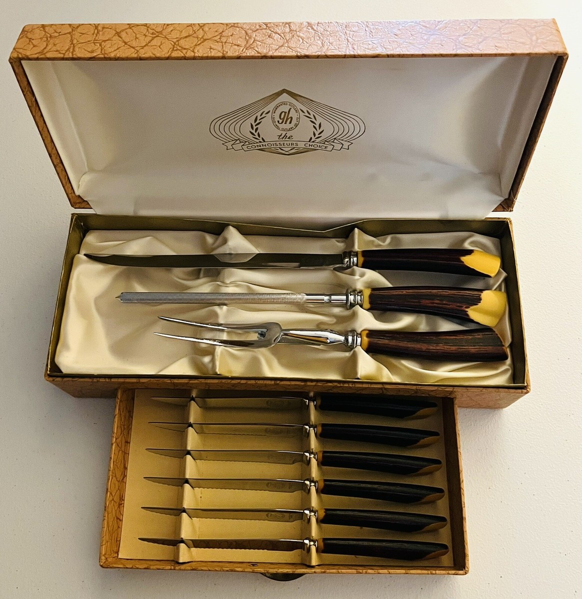 Vintage 9 Pc Glo-Hill Cutlery Carving Set 6 Steak Knifes Bakelite