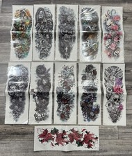 Temporary Fake Tattoo Lot of 11 Sleeve Skull Roses Body Art Arm Men Women NEW