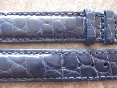 Bracelet Montre Cuir Véritable Grain Crocodile Bleu Nuit - Largeur 14 Mm - Neuf