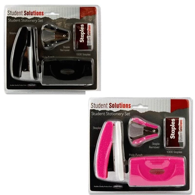 Office Stationery Set Stapler Hole Punch Staple Remover Black Pink 1000 Staples