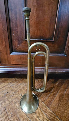 Vtg Brass U.S Regulation Bugle Horn Instrument w/ Mouthpiece Military 18"- A54 - Zdjęcie 2 z 10