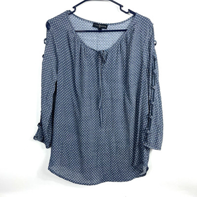 Fred David Women's Scoop Neck Key Hole Blue White Polka Dot 3/4 Strappy Sleeve L