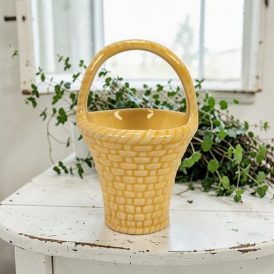 VTG Hallmark Small Ceramic Yellow Spring Basket Woven Look Loop Handle 3.5''